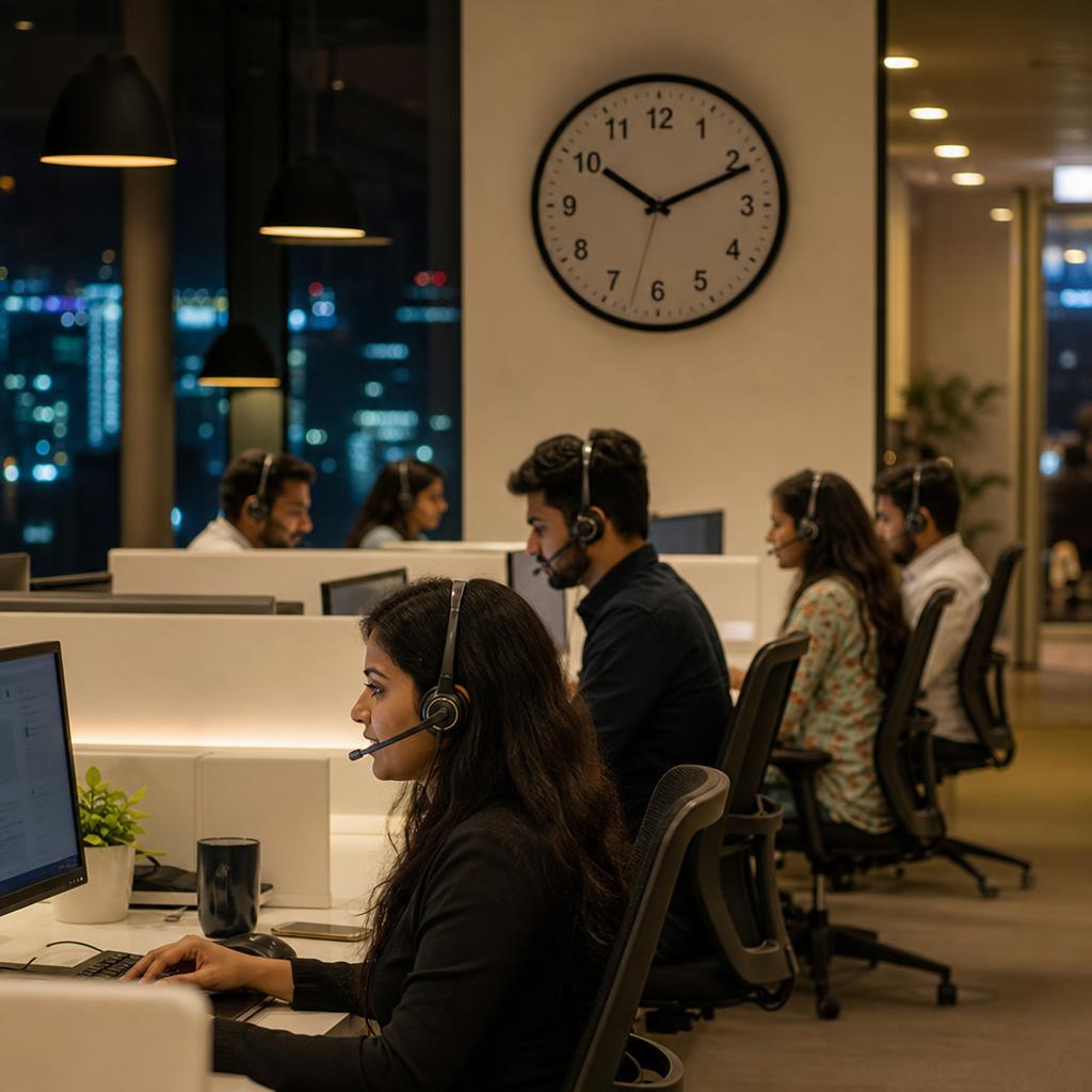Round-the-clock support centre with executives working through the night