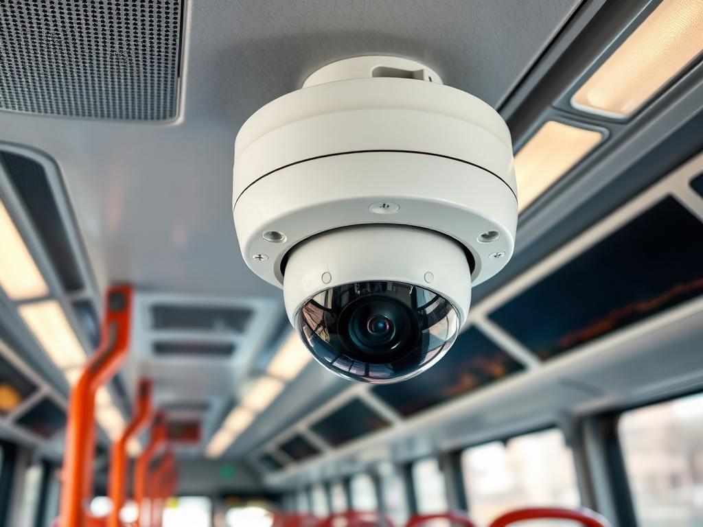 CCTV dome camera mounted inside a modern passenger bus