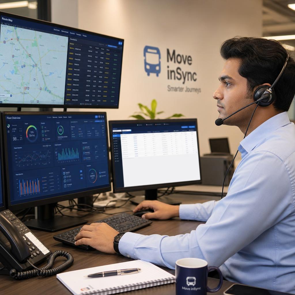 Operations coordinator managing bus fleet dashboards and route screens
