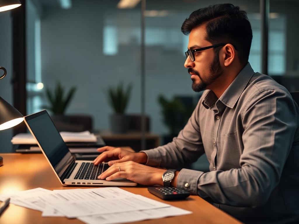 Travel office accountant managing billing and finance software on a laptop