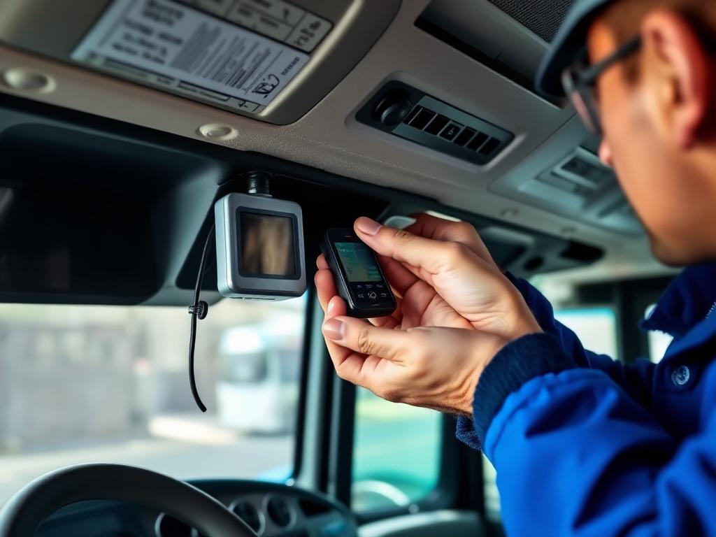 Technician installing a GPS tracking device inside a bus dashboard